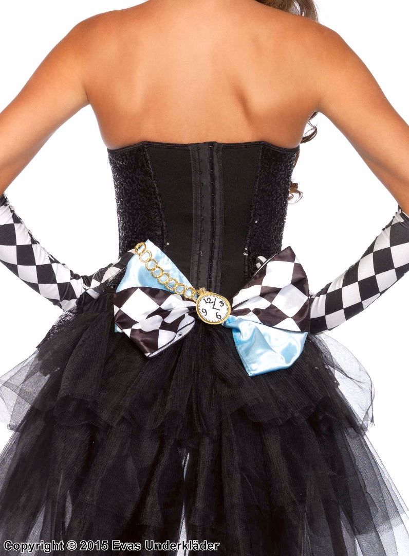 Female White Rabbit from Alice in Wonderland, costume headband, big bow, clock, checkered pattern